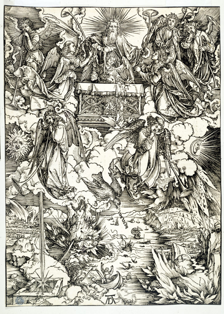 Albrecht Dürer (1471-1528). "L'Apocalypse (les 7 trompettes de l'Apocalypse) 7 anges avec des trompettes,  B 68" - 1ère édition allemande. Bois gravé. 