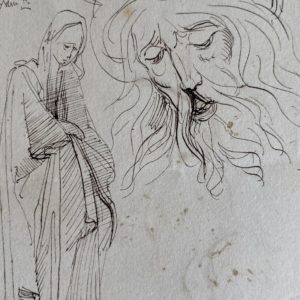Détail dessin 19e Gastine d'après Durer, Crucifixion, Petite Passion, estampe allemande XVe