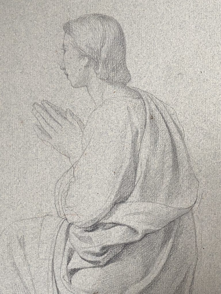 Détail Gastine, Femme en prière, crayon noir dessin xix