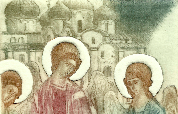 Détail Eglise Orthodoxe, Kiev, Bekker, gravure contemporaine XXe ex libris