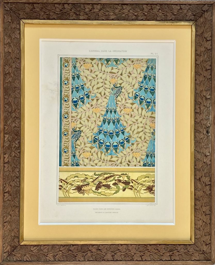 Maurice Verneuil, L'Animal dans la Décoration, zincographie, art nouveau, paon, cadre ancien bois décor de vigne sculpté