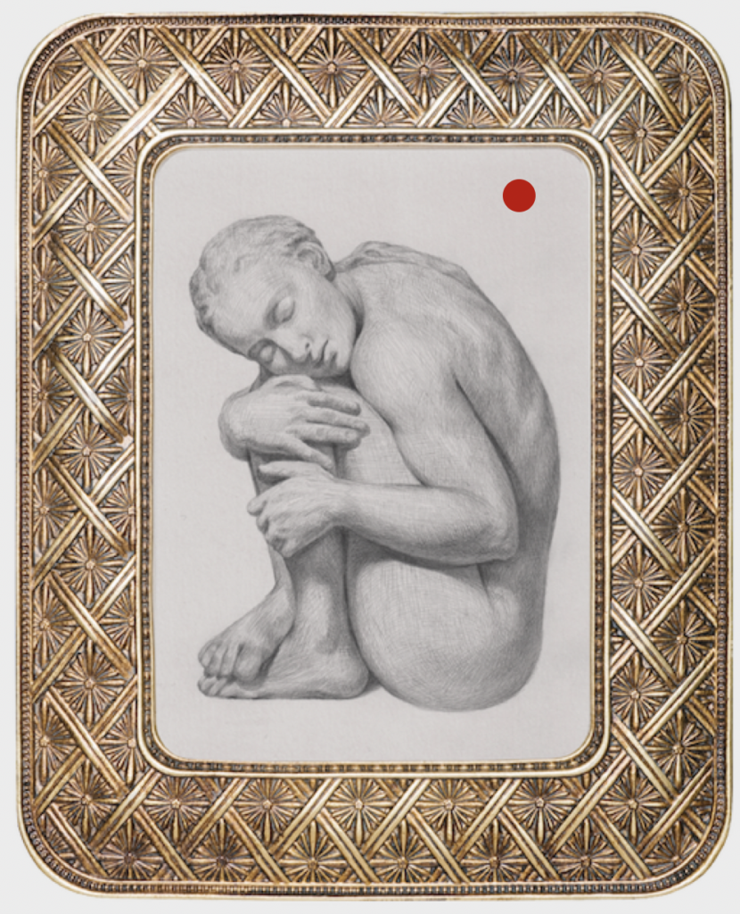 Aimée Flandrin, Gastine, portrait 19e, dessin ancien, cadre napoléon III Elen BEZHEN, nu accroupi